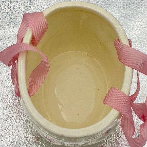 Hand-Painted Ceramic Planter Ladybug Basket White Pink Ribbon Handles Candy Dish - Picture 4 of 9